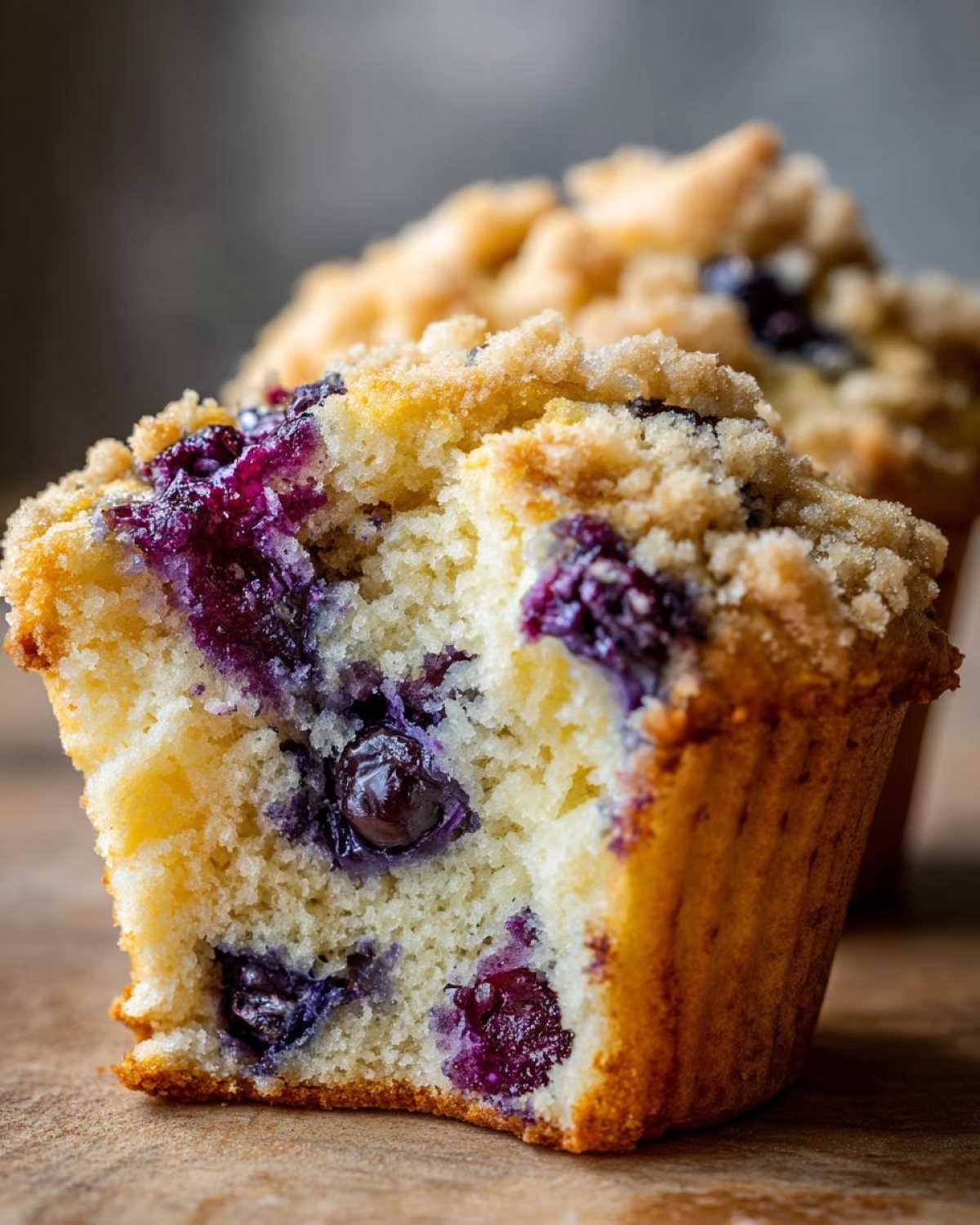 Cross-section of a moist blueberry muffin showing plump blueberries and a sugary crumb topping.