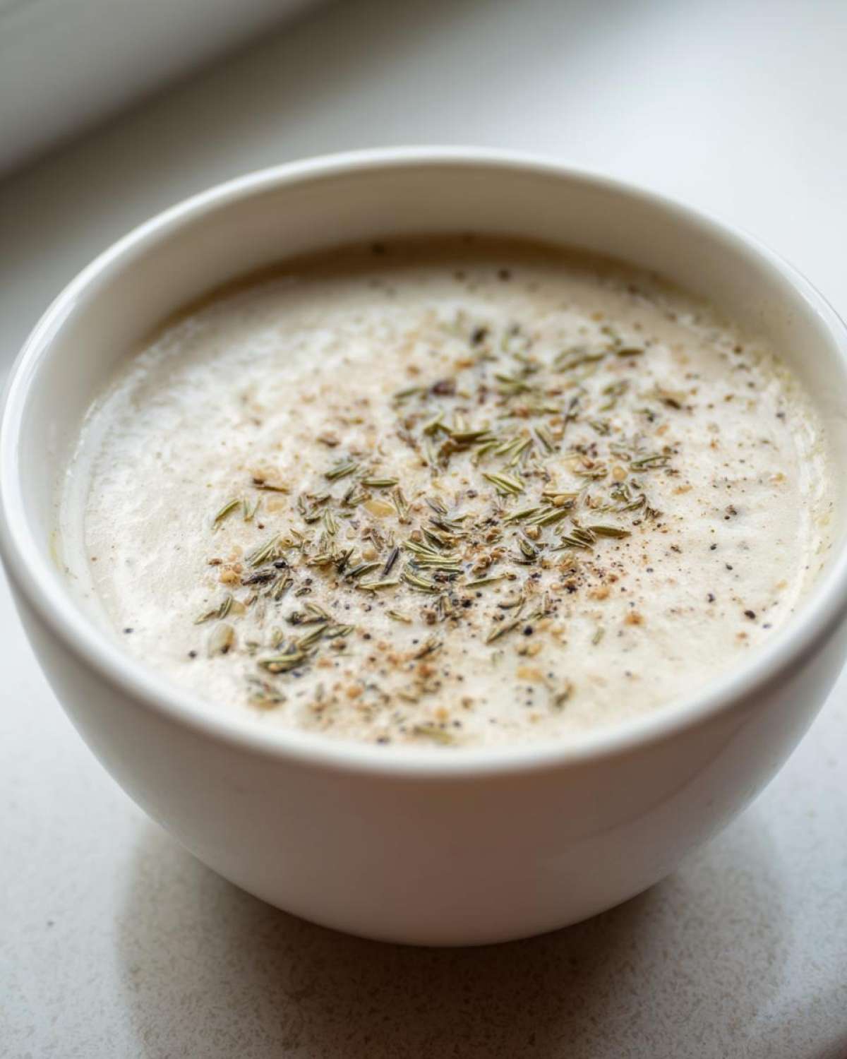 Close-up of a white bowl filled with creamy homemade cream of chicken soup, topped with herbs and pepper.