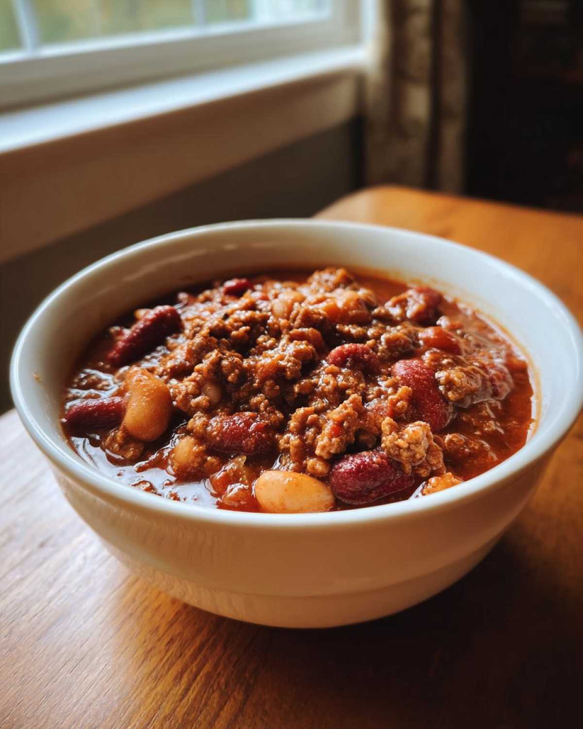 A close-up of a white bowl filled with rich, meaty chili featuring kidney beans, part of the best chili recipe.