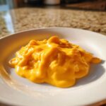 A close-up of thick, bright orange nacho cheese sauce dolloped onto a white plate.