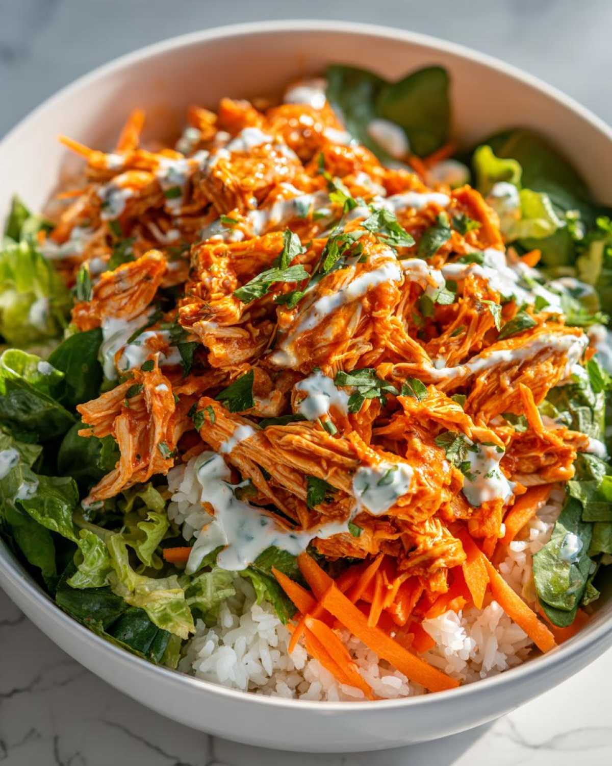 Close-up of a vibrant buffalo chicken bowl featuring shredded buffalo chicken, white rice, lettuce, and ranch dressing.