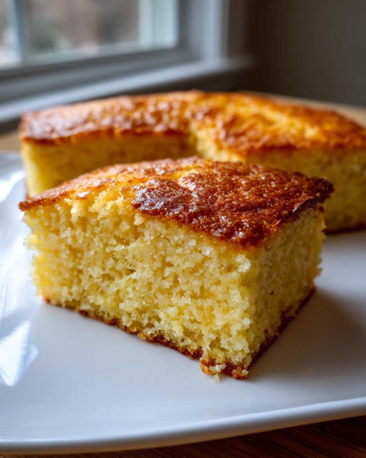 A close-up of a moist, golden slice of buttermilk cornbread with a browned top, served on a white plate.
