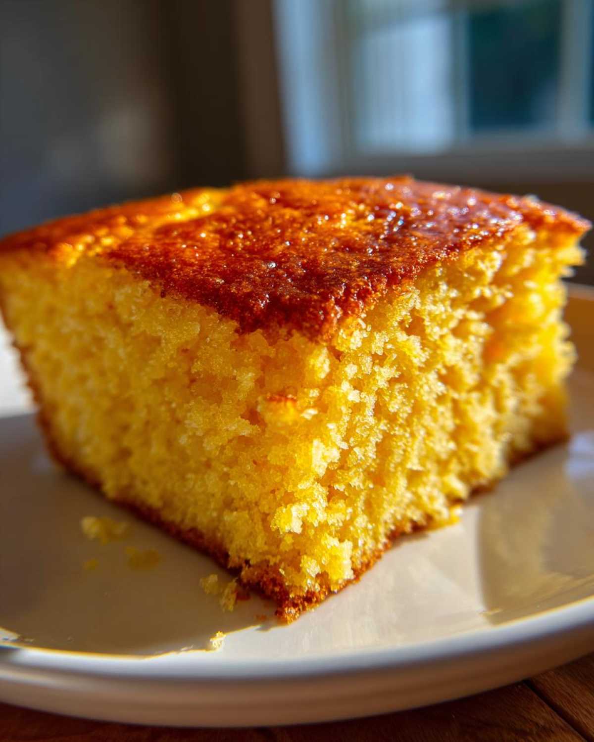 Close-up of a golden, moist slice of buttermilk cornbread served on a white plate.
