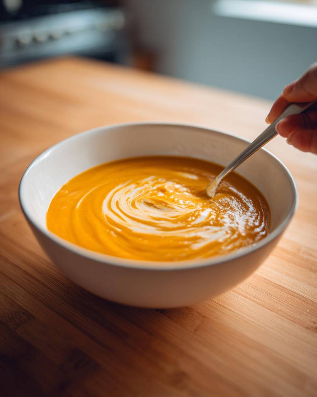Close-up of creamy orange butternut squash soup being stirred with a spoon, showing a swirl of cream.