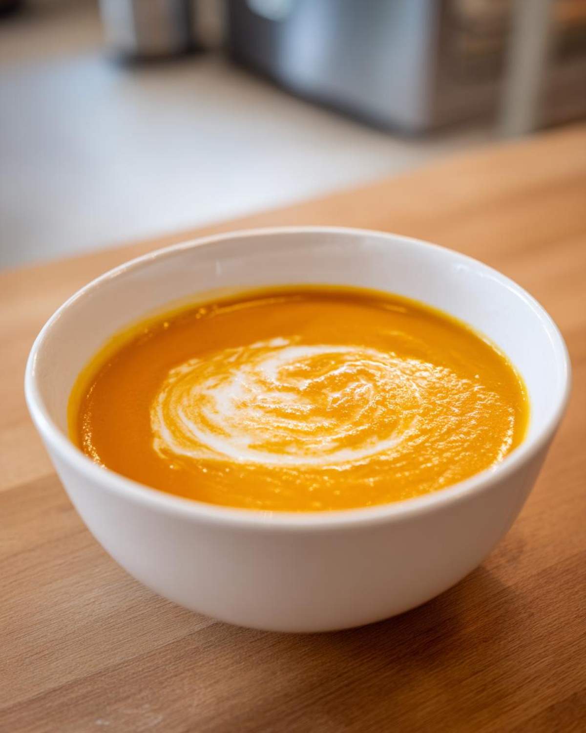 A close-up of vibrant orange butternut squash soup topped with a swirl of cream.