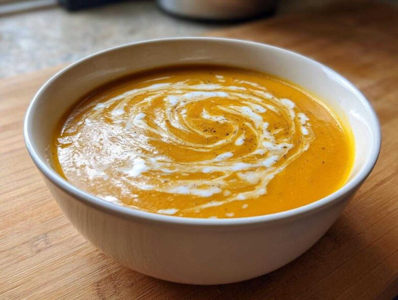 A close-up of vibrant orange butternut squash soup in a white bowl, garnished with a swirl of cream and black pepper.
