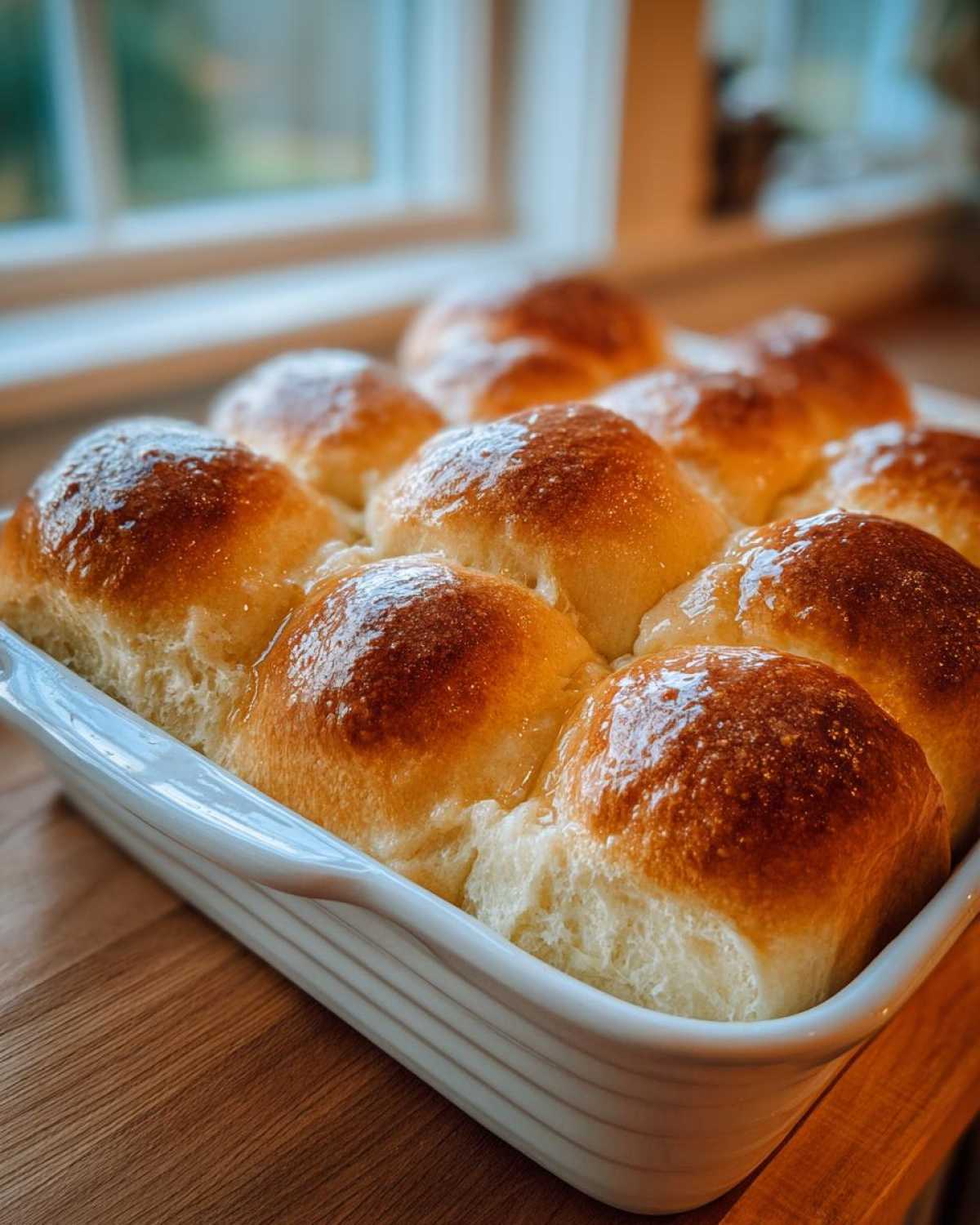 Close-up of golden-brown, buttery dinner rolls baked together in a white ceramic dish.