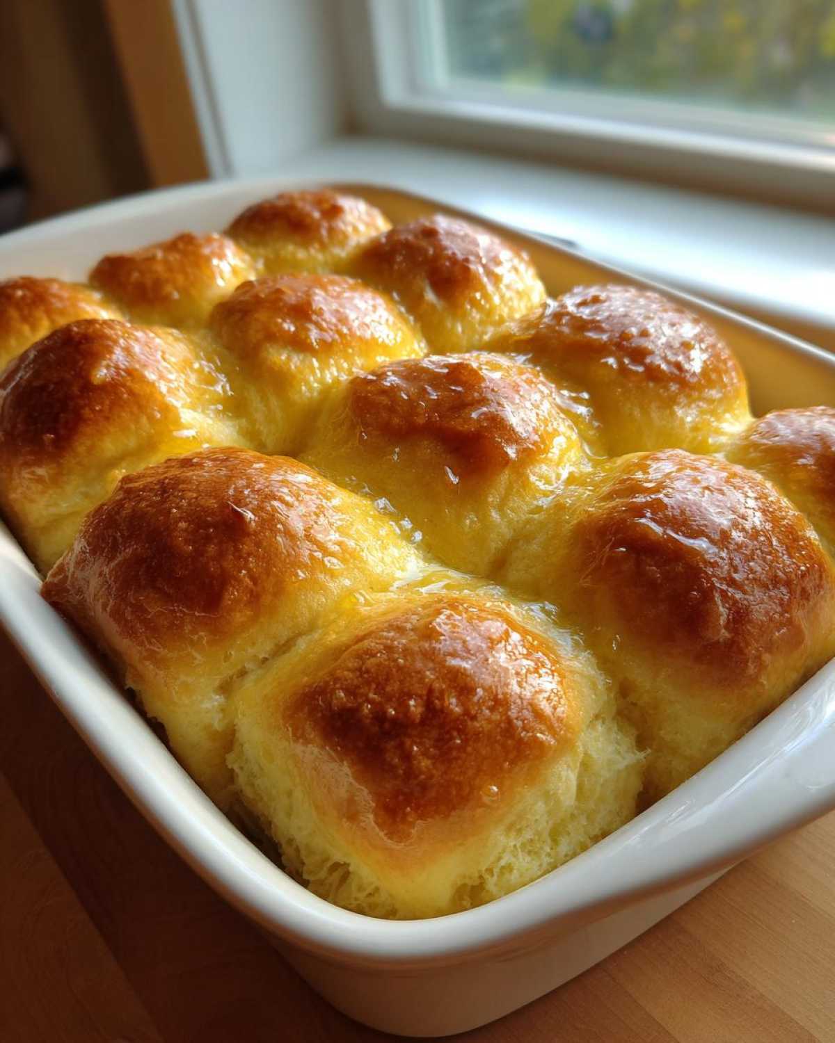 Close-up of twelve golden brown, buttery dinner rolls baked together in a white ceramic dish.