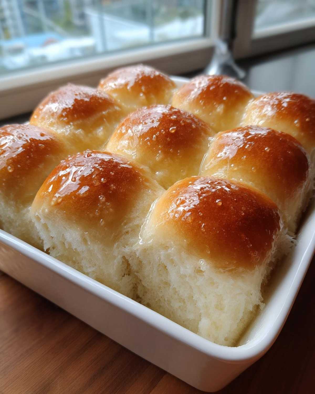 Close-up of nine golden brown, fluffy dinner rolls baked together and brushed with a shiny butter glaze.