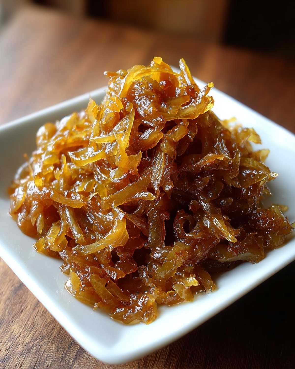 Close-up of a small white dish piled high with rich, golden-brown caramelized onions.