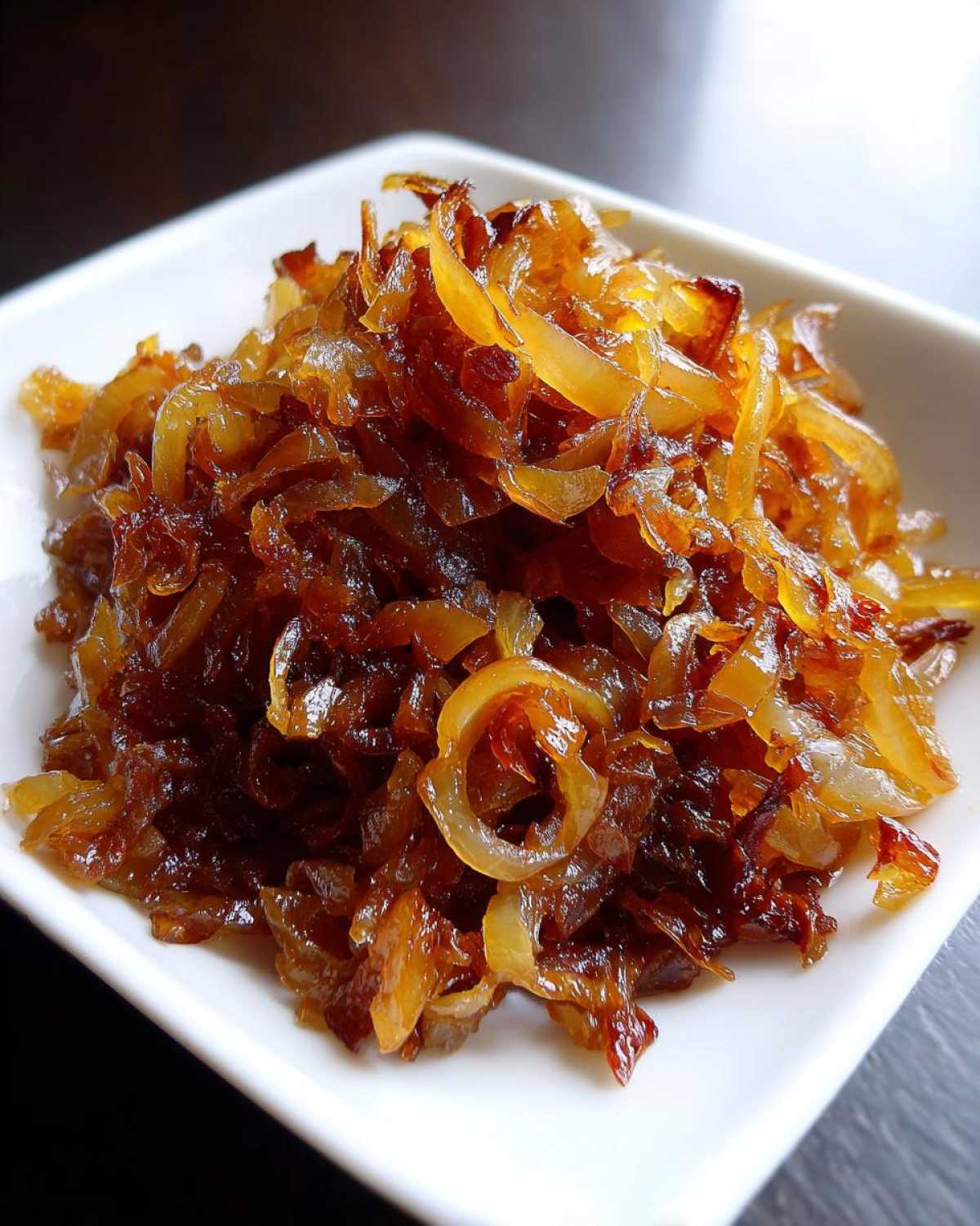 A close-up of deeply browned, sweet caramelized onions piled high in a small white square dish.