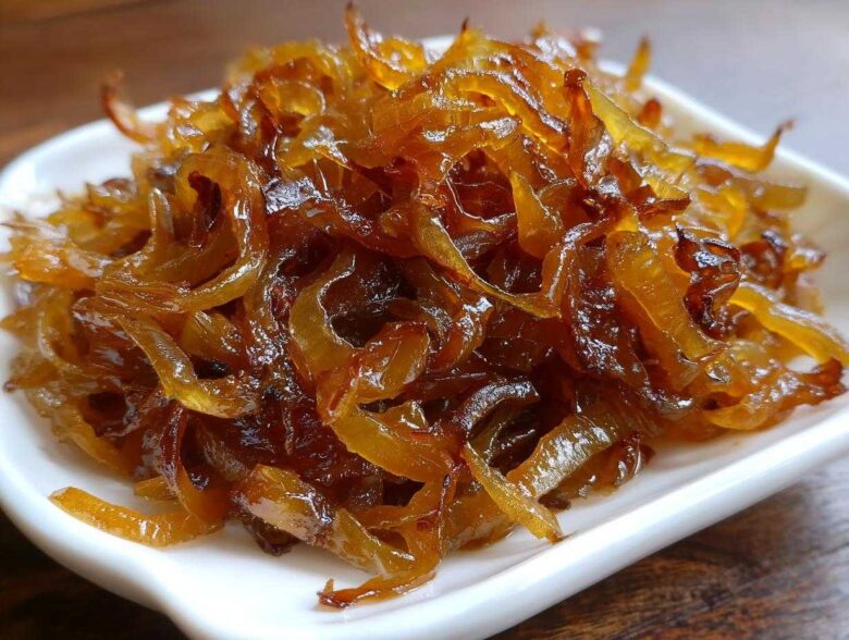 Close-up of rich, glossy, deep brown caramelized onions piled high on a small white dish.