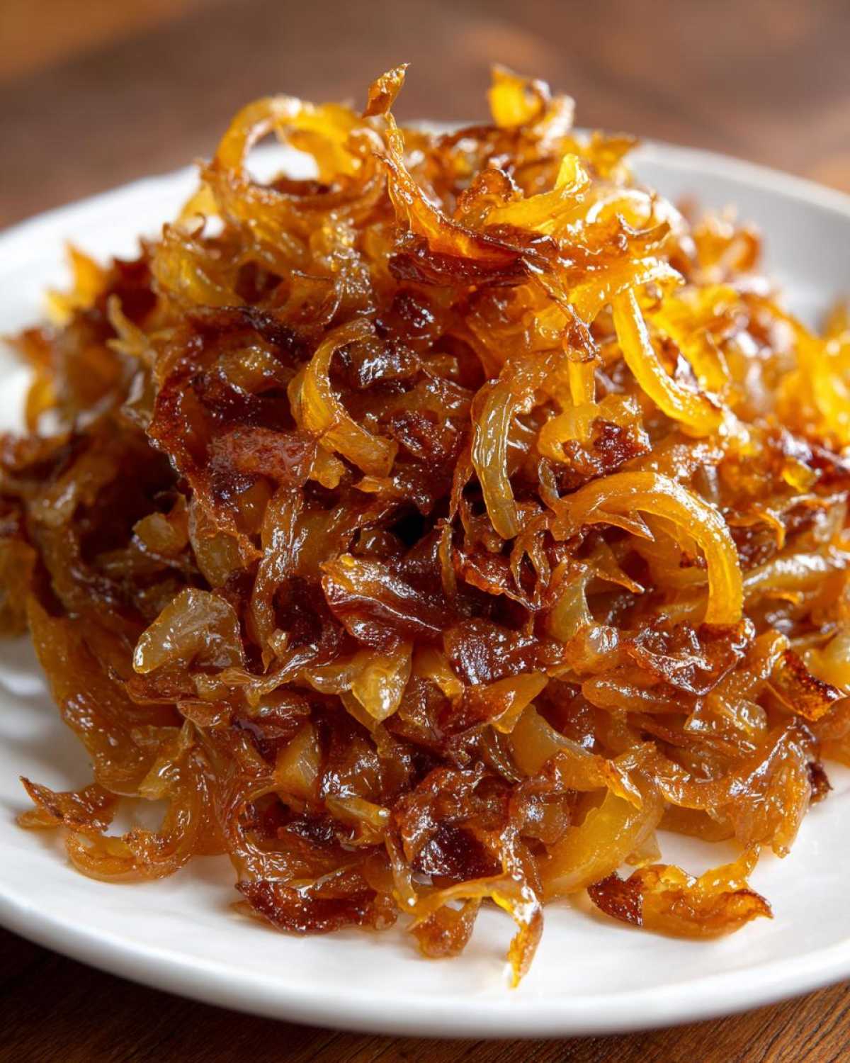 Close-up of a mound of deeply browned, sweet caramelized onions piled high on a white plate.