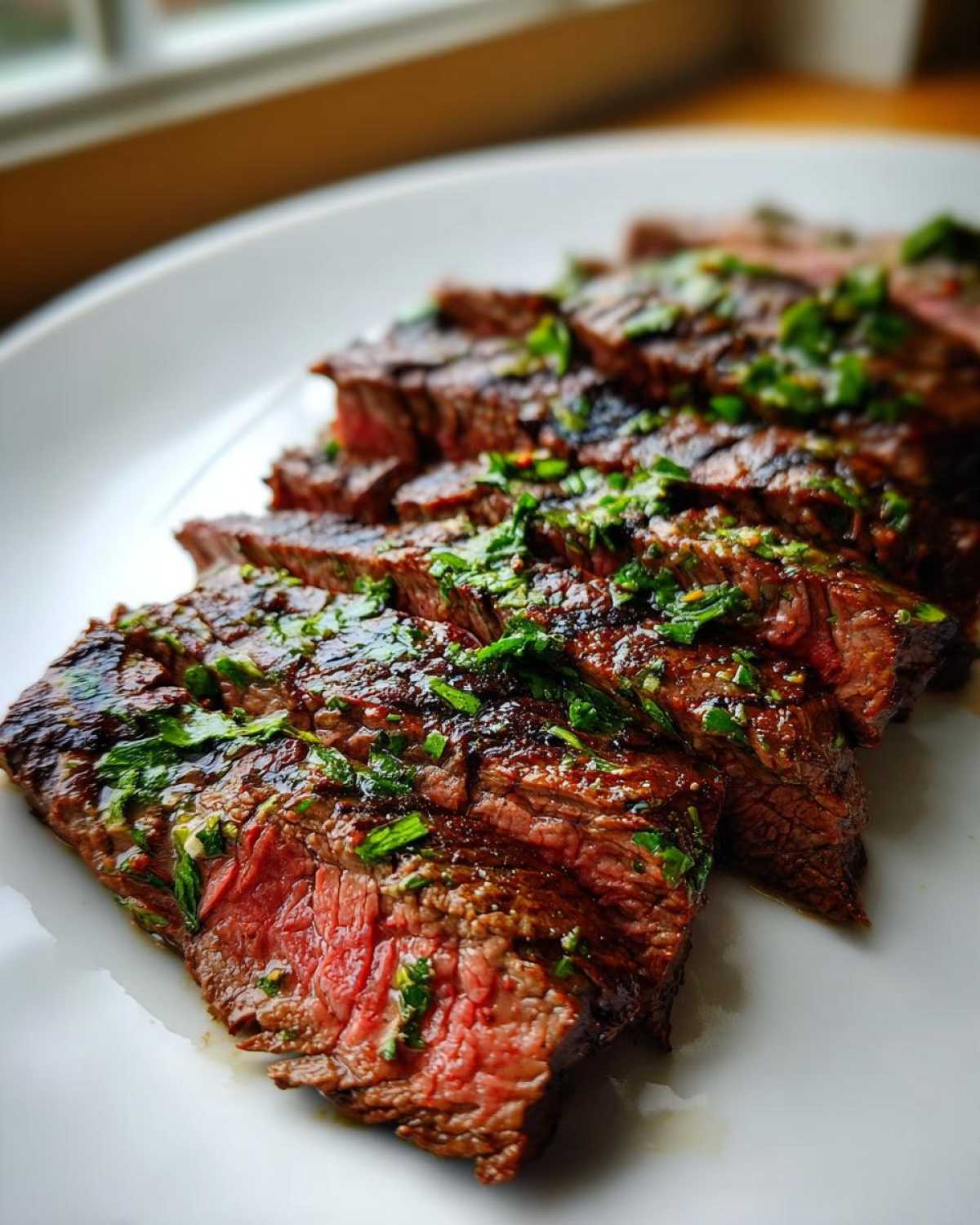 Close-up of medium-rare sliced steak, glistening with juices, topped with fresh herbs, showing the results of the carne asada marinade.