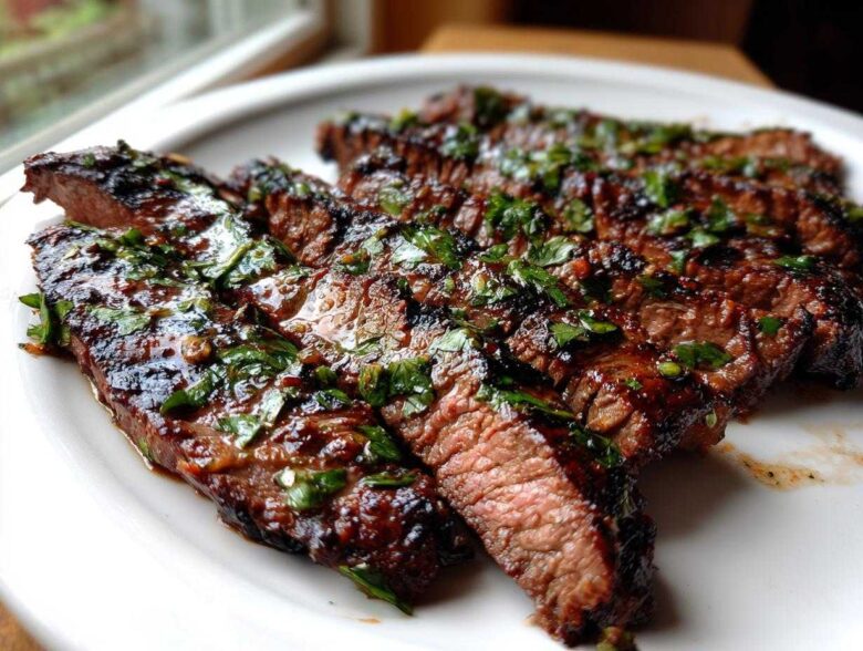 Close-up of grilled, sliced steak coated in a rich Carne asada marinade and topped with fresh cilantro.