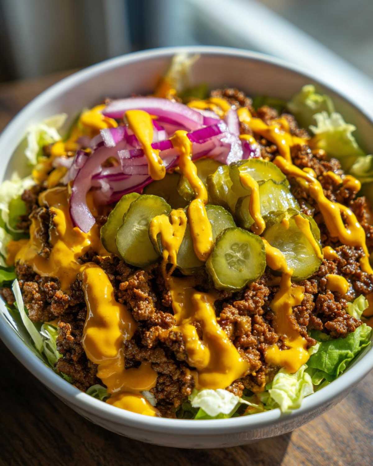 Close-up of a cheeseburger bowl featuring seasoned ground beef, lettuce, pickles, red onion, and cheese sauce.