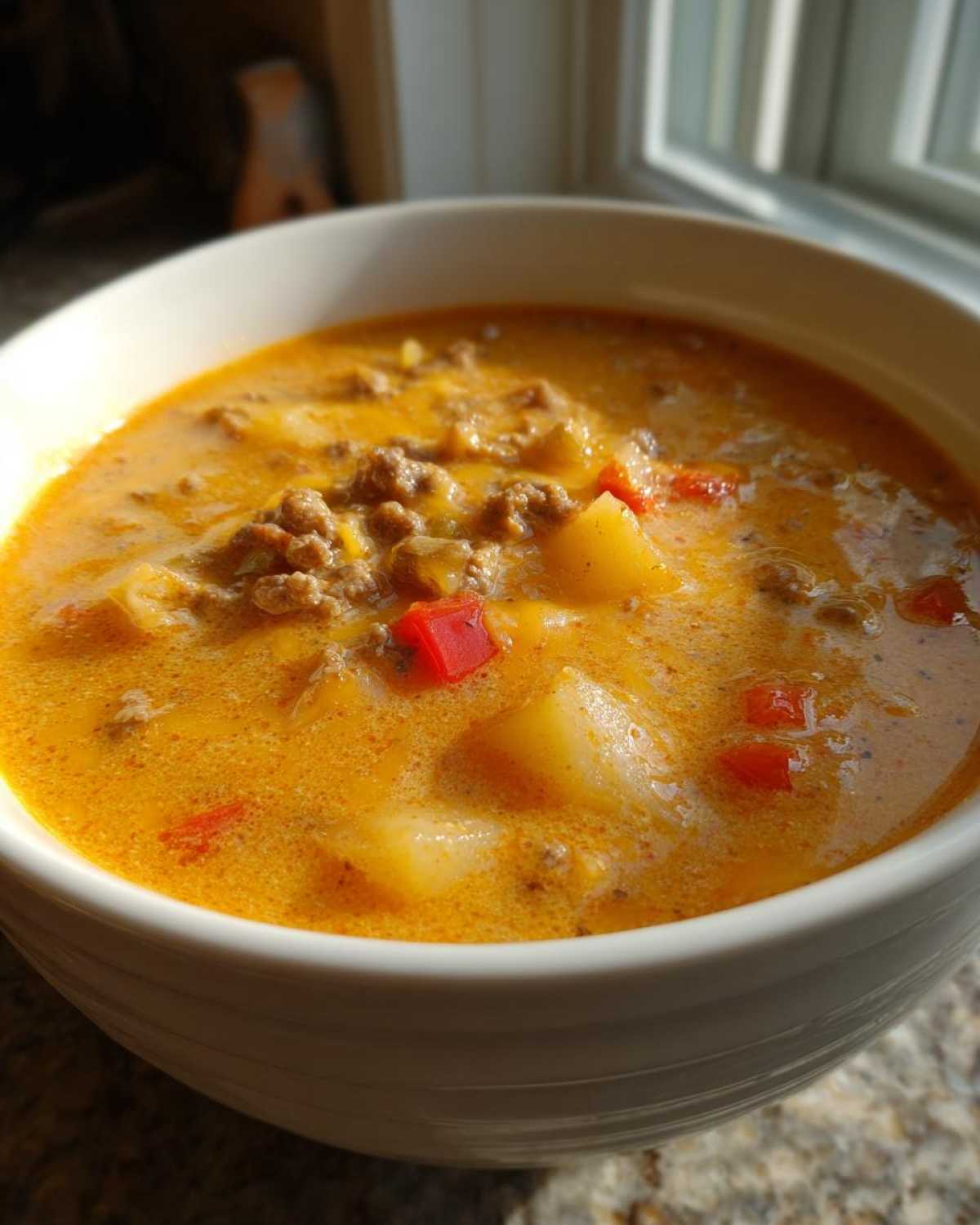 A close-up of a white bowl filled with rich, orange cheeseburger soup, featuring ground beef, potatoes, and red peppers.