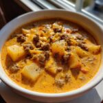 Close-up of a hearty bowl of cheeseburger soup, showing ground beef, chunks of potato, and melted cheddar cheese.