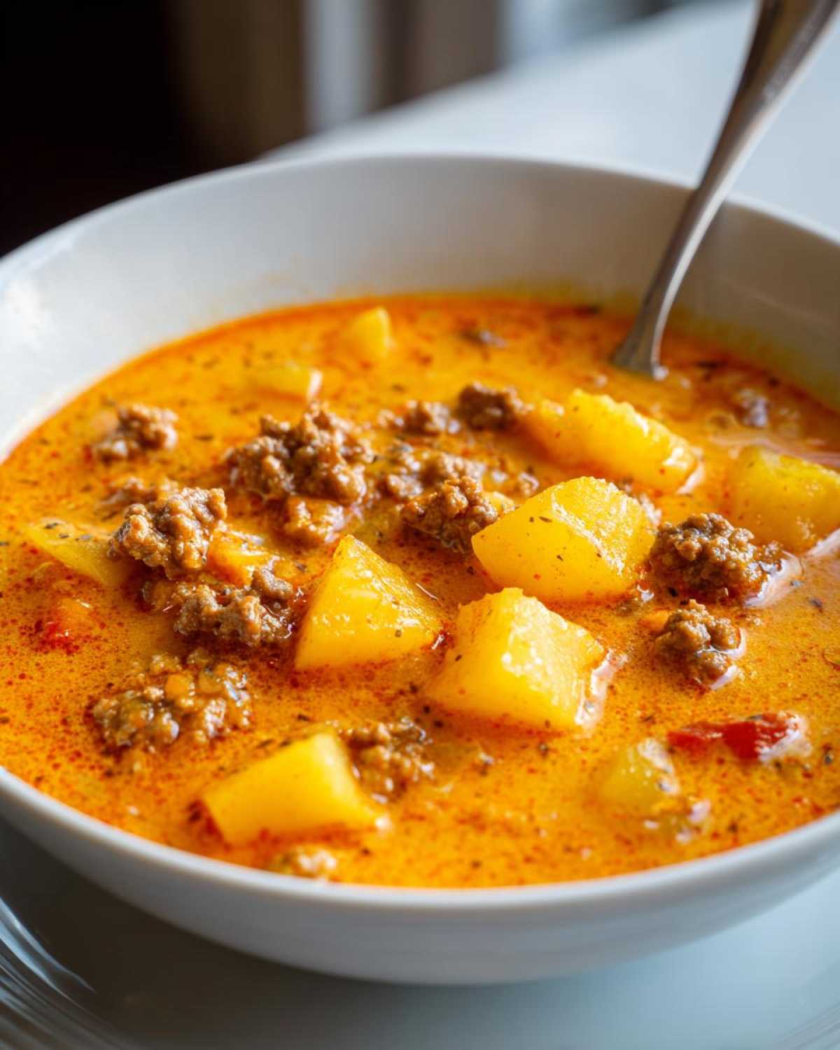 Close-up of a bowl of creamy, orange cheeseburger soup loaded with ground beef and chunks of yellow potato.