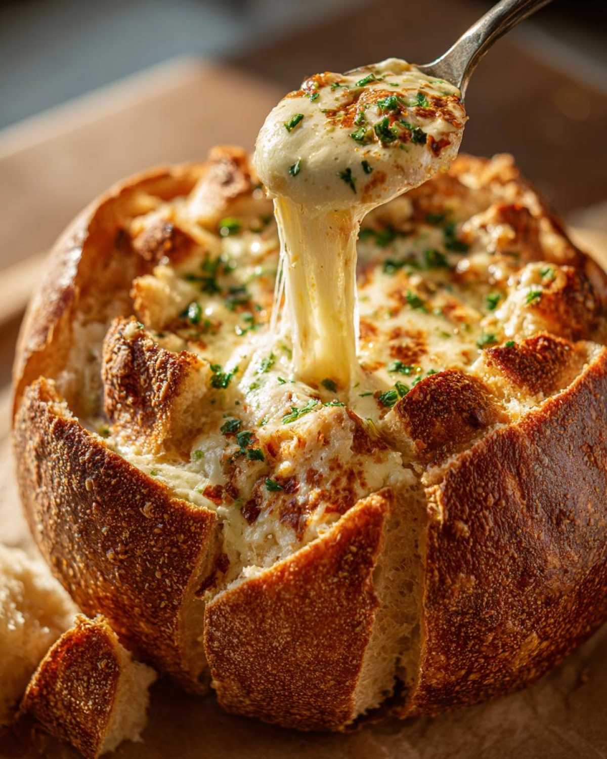 A spoonful lifts gooey, cheesy bread dip from a hollowed-out loaf, showing extreme cheese pull.