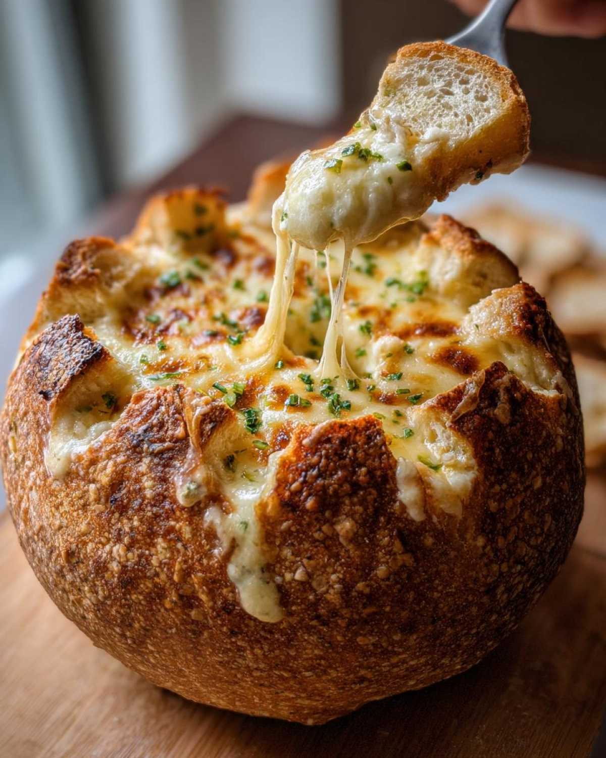 A piece of bread is dipped into a cheesy bread dip served inside a hollowed-out sourdough loaf, showing a dramatic cheese pull.