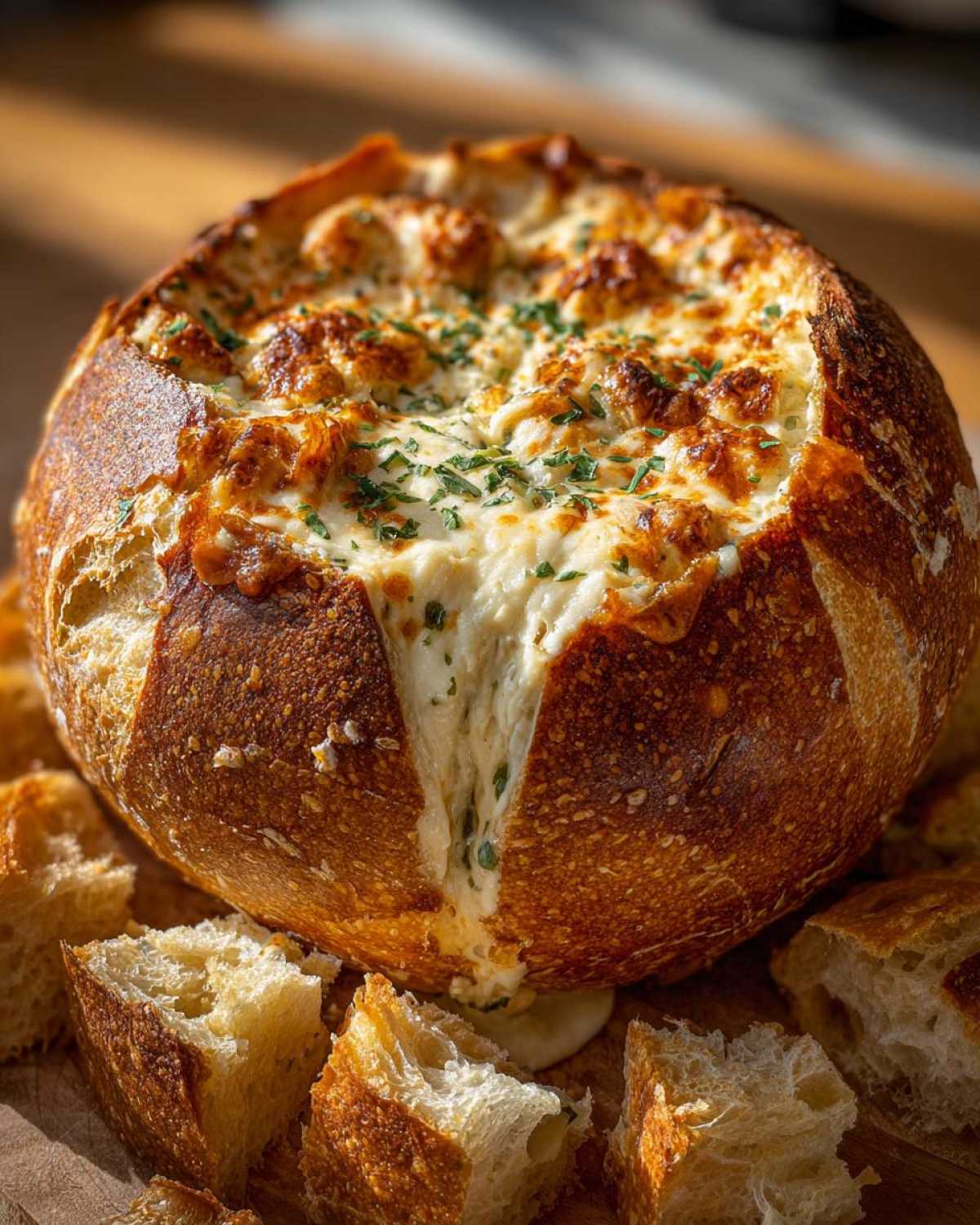 A baked, cheesy bread dip overflowing from a hollowed-out sourdough loaf, surrounded by dipping bread pieces.