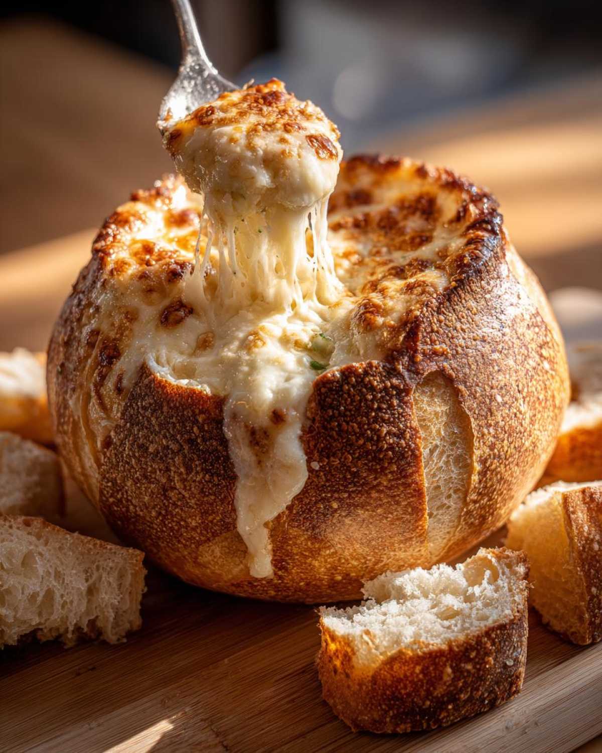 A spoonful of hot, cheesy bread dip is pulled from a hollowed-out sourdough loaf, showing extreme cheese pull.