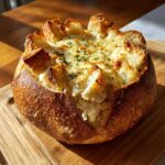 A baked, cheesy bread dip served inside a hollowed-out sourdough loaf, perfect for parties.