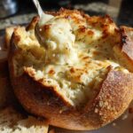 A spoonful of hot, cheesy bread dip being lifted from a hollowed-out sourdough bread bowl, surrounded by dipping bread slices.