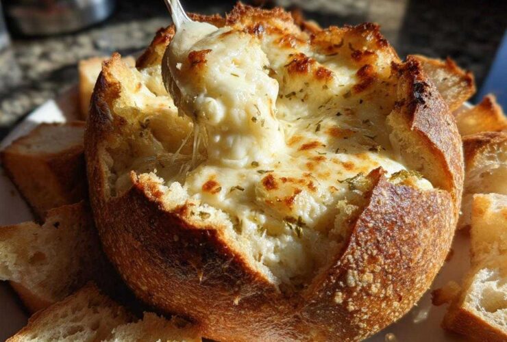 A spoonful of hot, cheesy bread dip being lifted from a hollowed-out sourdough bread bowl, surrounded by dipping bread slices.