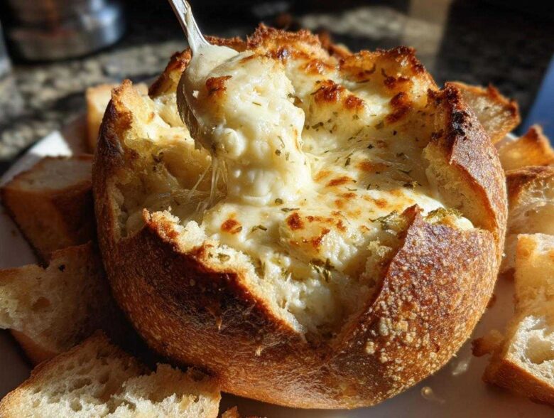 A spoonful of hot, cheesy bread dip being lifted from a hollowed-out sourdough bread bowl, surrounded by dipping bread slices.