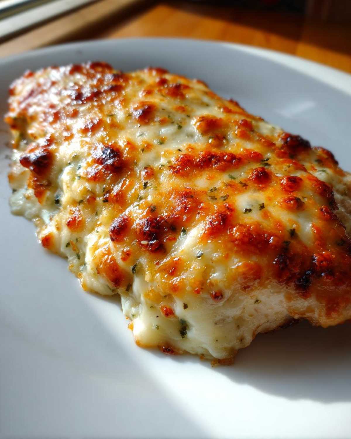 Close-up of a juicy caesar chicken breast topped with melted, bubbly, and browned cheese.