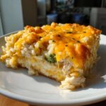 A close-up, sunlit serving of cheesy chicken and rice casserole with visible shredded chicken and broccoli florets.