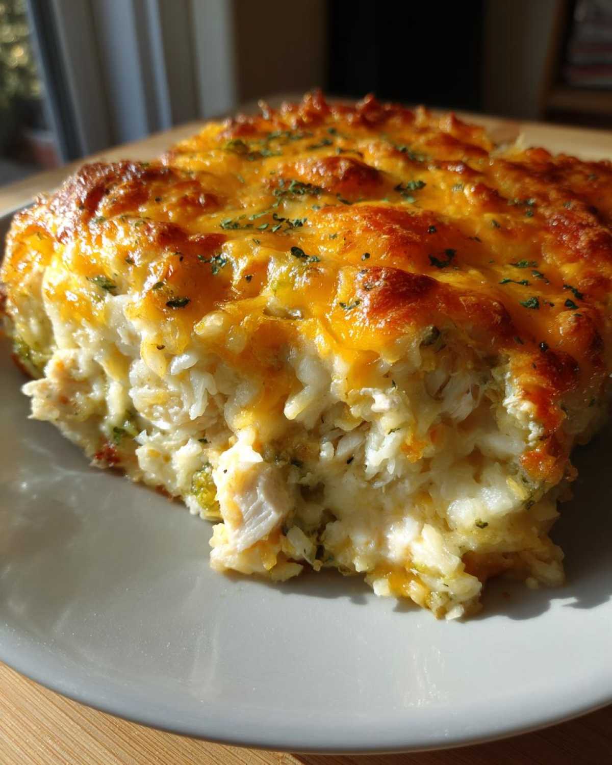 A close-up of a serving of cheesy chicken and rice casserole with a golden, bubbly cheese topping.