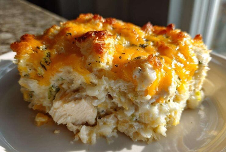 A close-up of a serving of cheesy chicken and rice casserole with a golden, melted cheddar cheese crust.