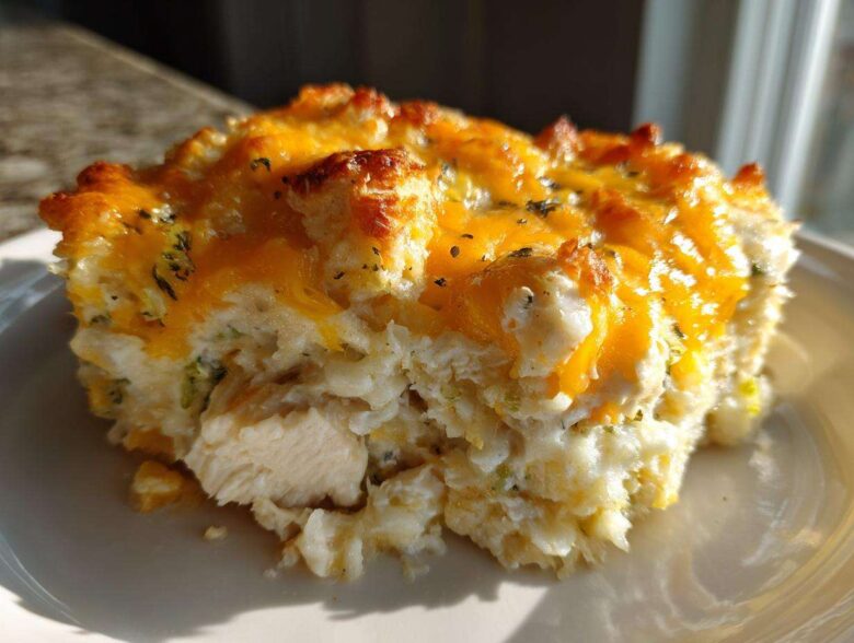 A close-up of a serving of cheesy chicken and rice casserole with a golden, melted cheddar cheese crust.