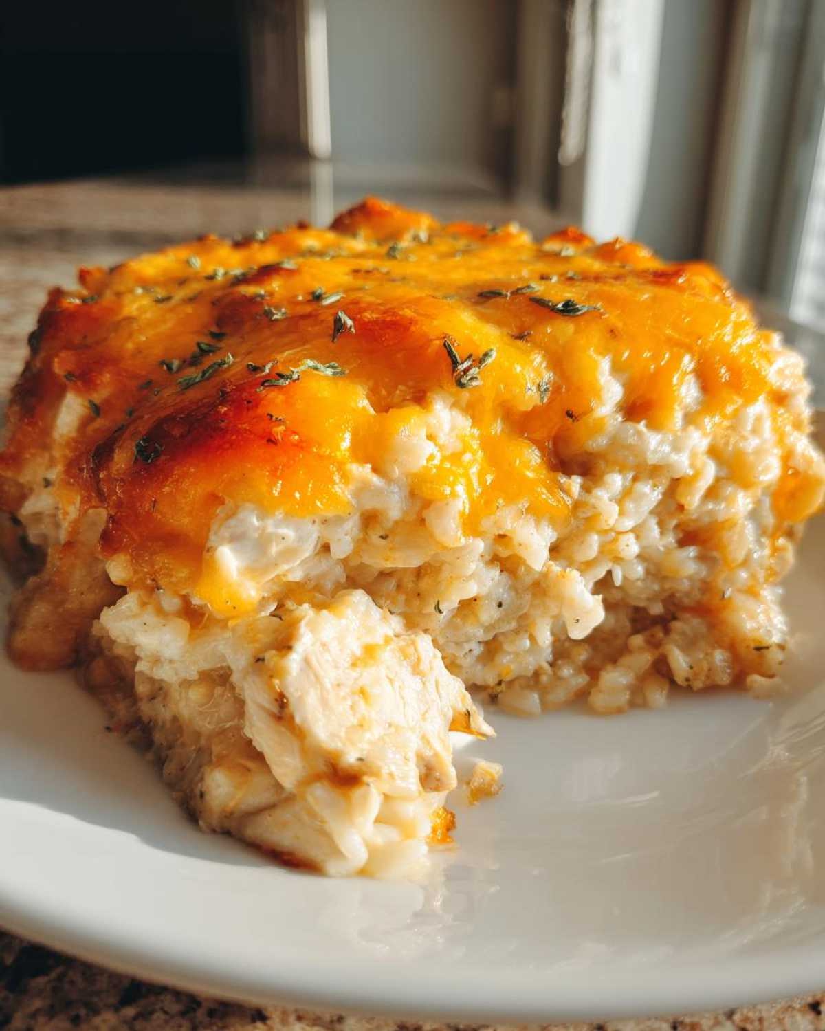 A close-up shot of a portion of cheesy chicken and rice casserole with melted cheddar cheese topping.