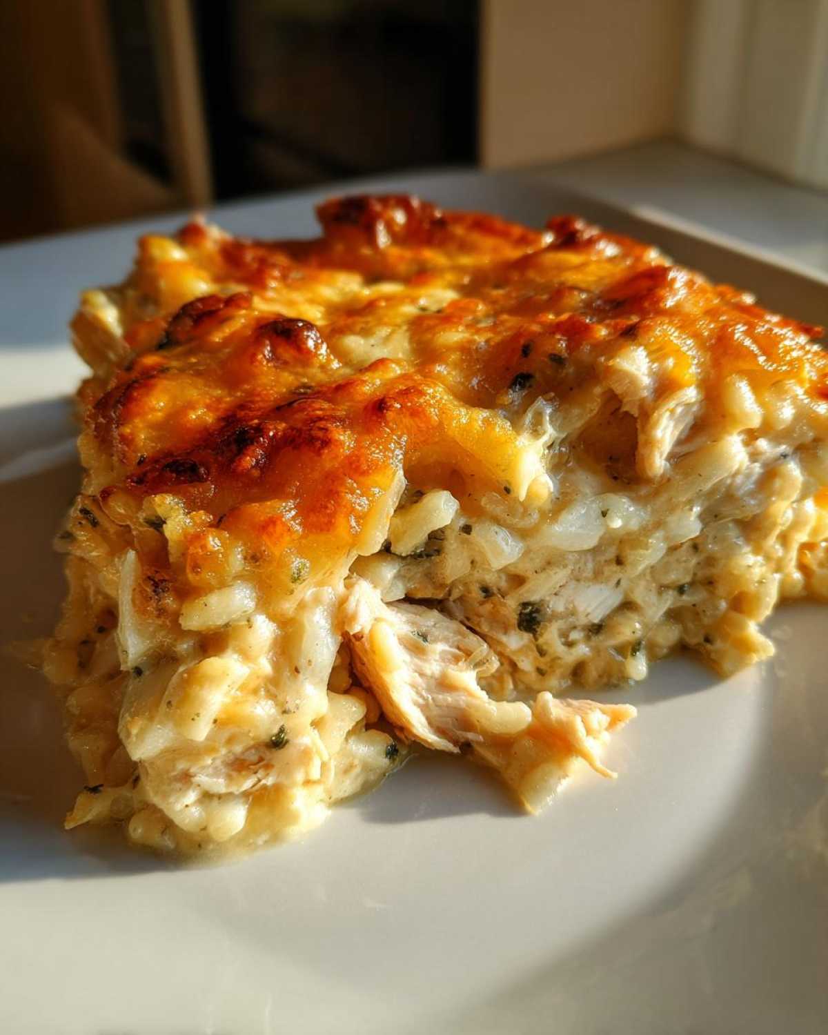 Close-up of a serving of creamy, baked cheesy chicken and rice with a golden, bubbly cheese crust.