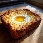 Close-up of cheesy egg toast featuring a perfectly cooked egg with a bright yellow, runny yolk in the center.