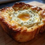 Close-up of a perfectly baked cheesy egg toast with a golden crust and a visible runny yolk.