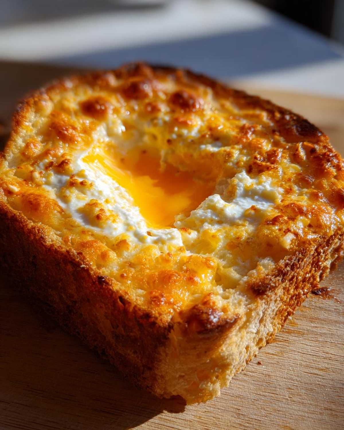 Close-up of cheesy egg toast with a perfectly runny yolk in the center, golden brown crust.