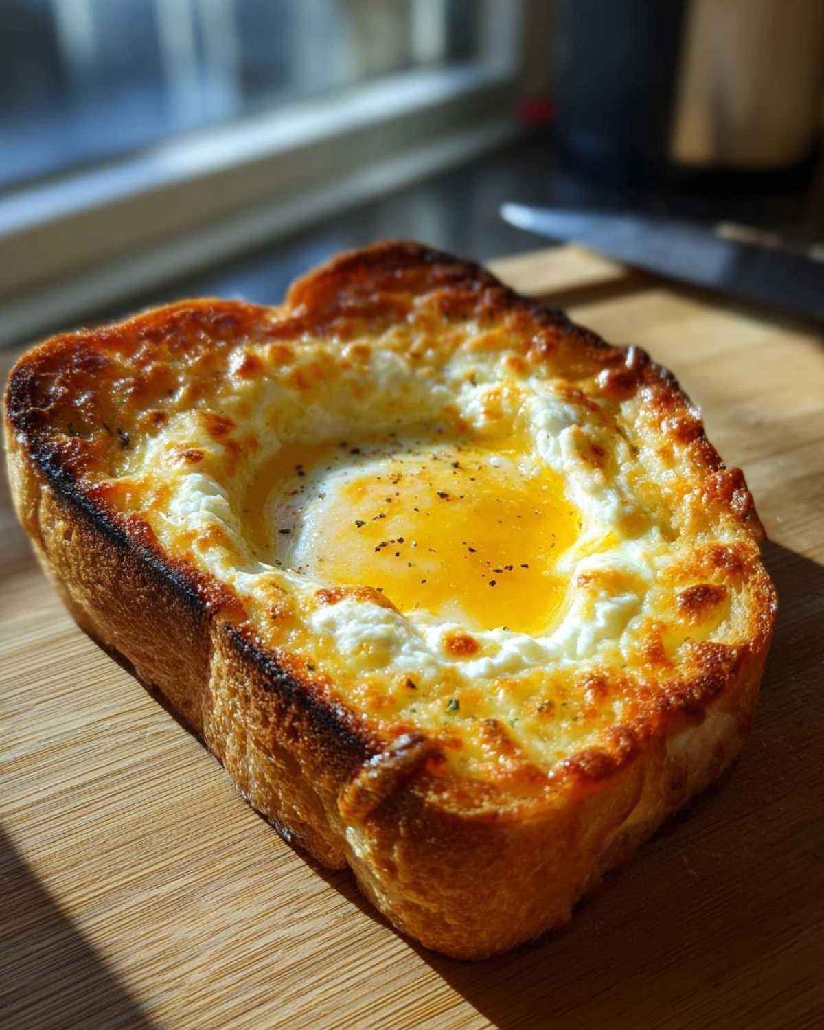 A close-up of cheesy egg toast featuring a perfectly cooked egg with a runny yolk nestled in the center.