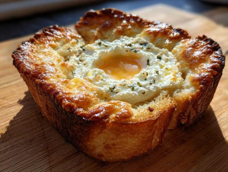 Close-up of a perfectly baked cheesy egg toast with a golden crust and a visible runny yolk.
