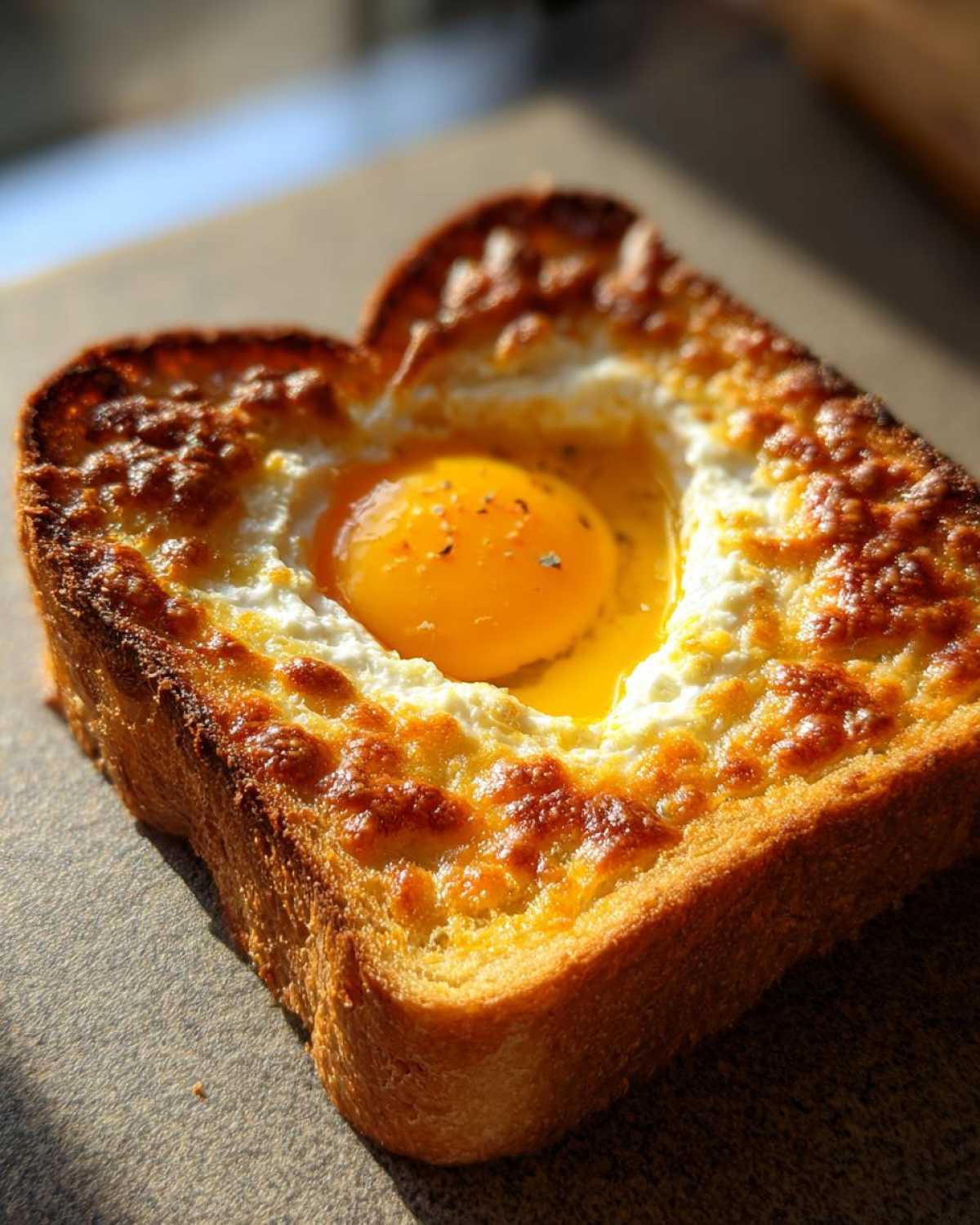 Close-up of cheesy egg toast with a perfectly cooked sunny side up egg center.