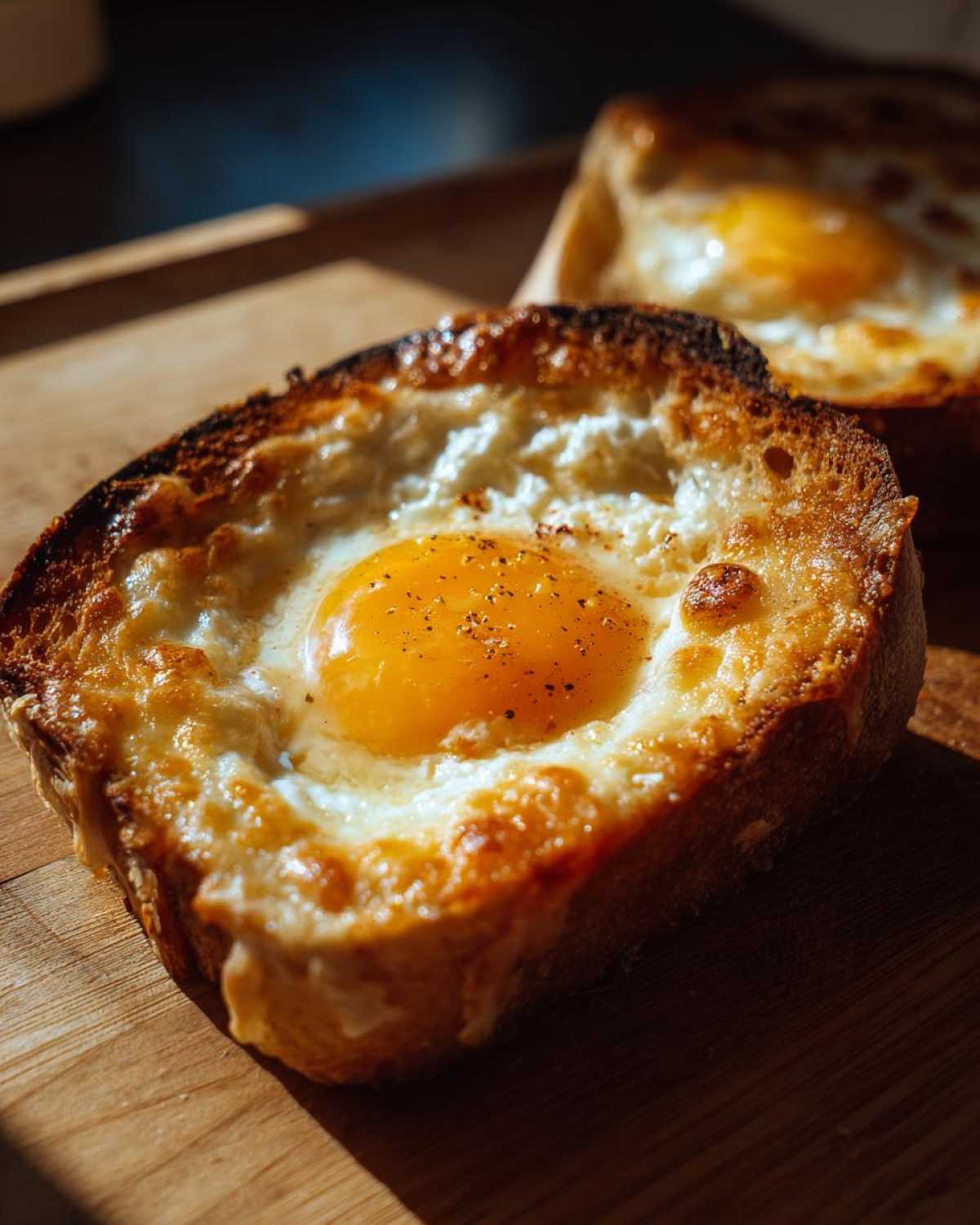 Close-up of a cheesy egg toast featuring a perfectly cooked sunny-side-up egg yolk nestled in toasted bread.