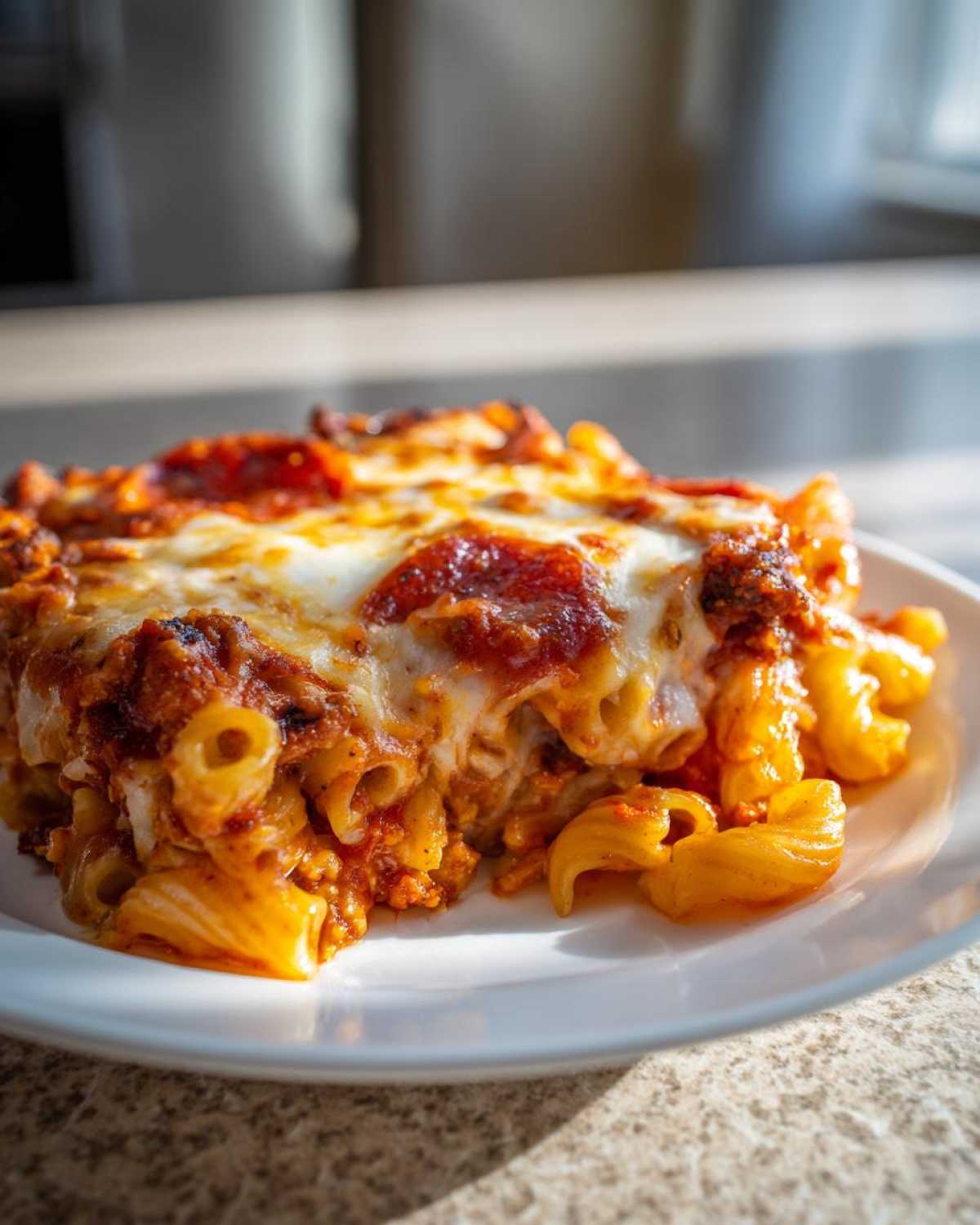 A close-up of a serving of baked pizza pasta, featuring melted mozzarella, tomato sauce, and ziti pasta.