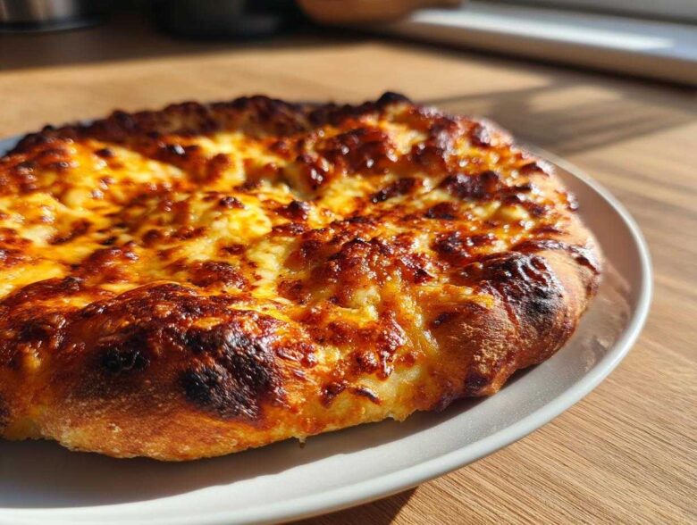A golden brown, bubbly, cheesy pizza made from sourdough discard pizza dough, sitting on a white plate.
