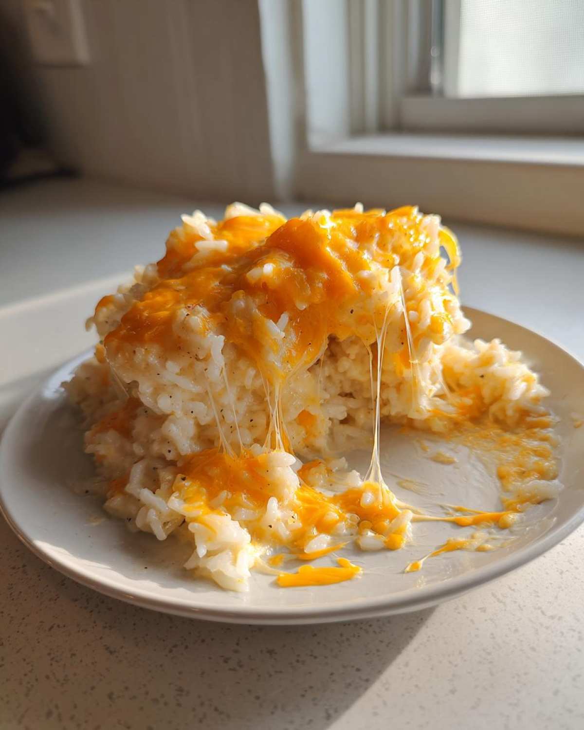 A serving of creamy cheesy rice topped with melted orange cheddar cheese creating long, satisfying cheese pulls.