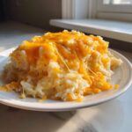 A serving of creamy, white rice topped with lots of gooey, melted orange cheddar cheese, making classic cheesy rice.