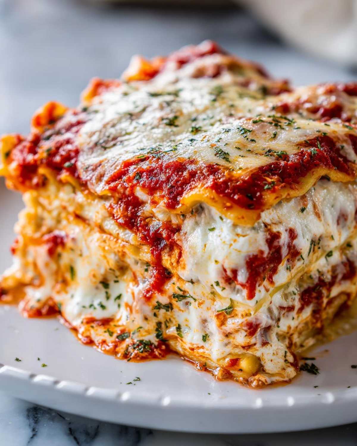 Close-up of a thick, cheesy slice of lazy lasagna oozing sauce and melted mozzarella, sprinkled with parsley.